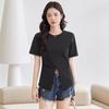 Korean Style Women's Short Sleeve Mercerized Cotton T-Shirt with Turn-Up Sleeves and Side Slit.