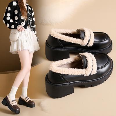 Бархатные туфли на толстой подошве для женской осени и зимы, новая пушистая обувь, хлопковые туфли на толстом каблуке, теплые туфли-оксфорды из маленькой кожи