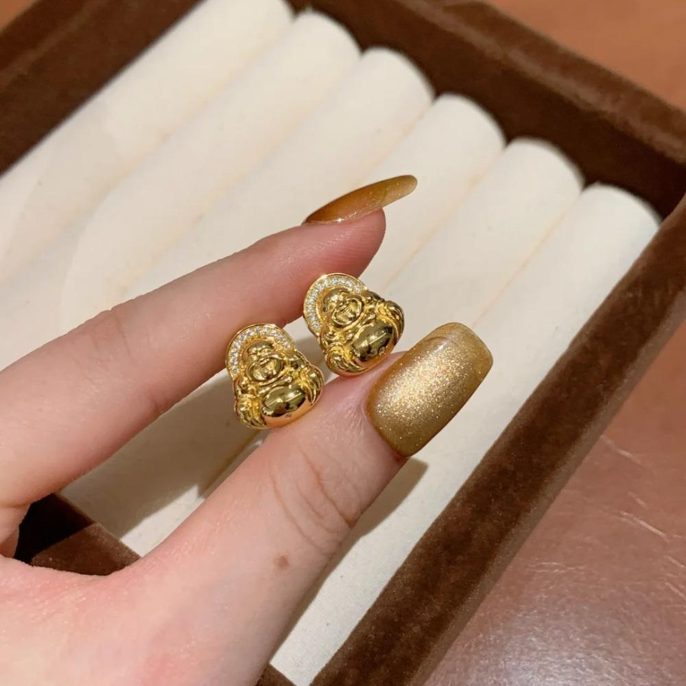 Gold Plated Mini Buddha Earrings Fashionable Elegant Diamond Inlaid Smiling Maitreya Earrings Jewelry