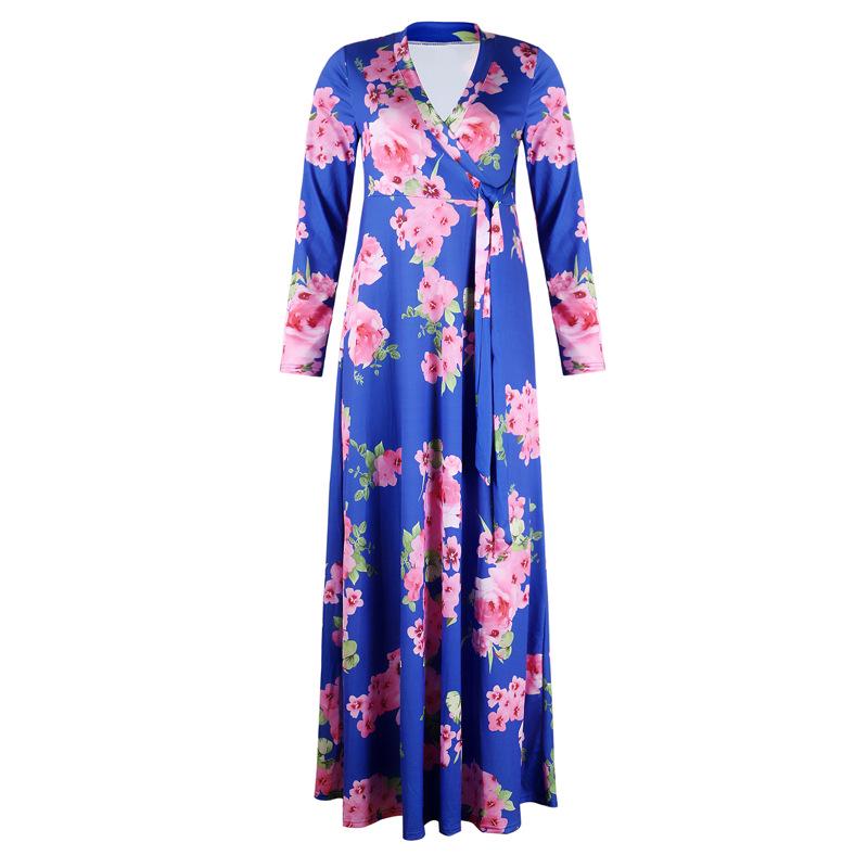 Spring and Autumn Women's Dress V-Neck Printed Swing Dresses Long Dresses