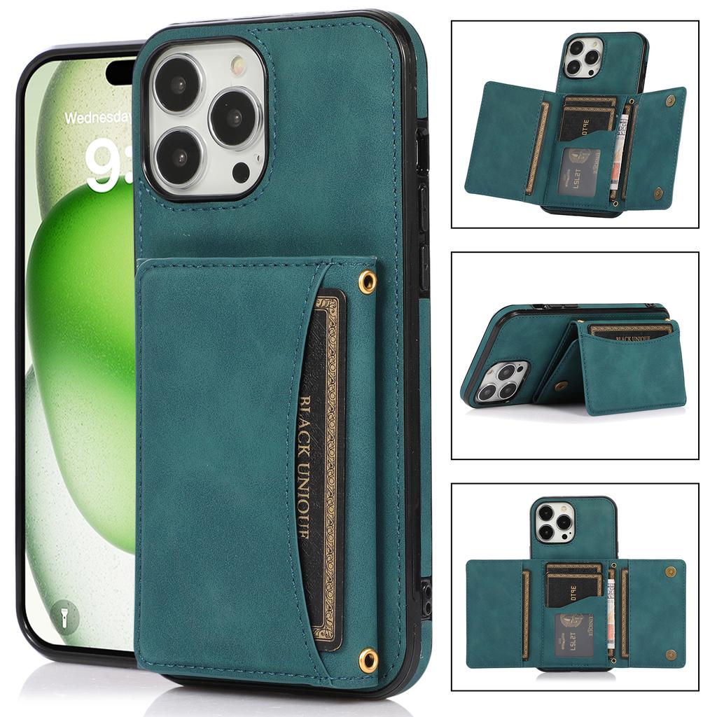 For iPhone 16 Pro Phone Case Tri-Fold Wallet Kickstand PU Leather+TPU Back Cover