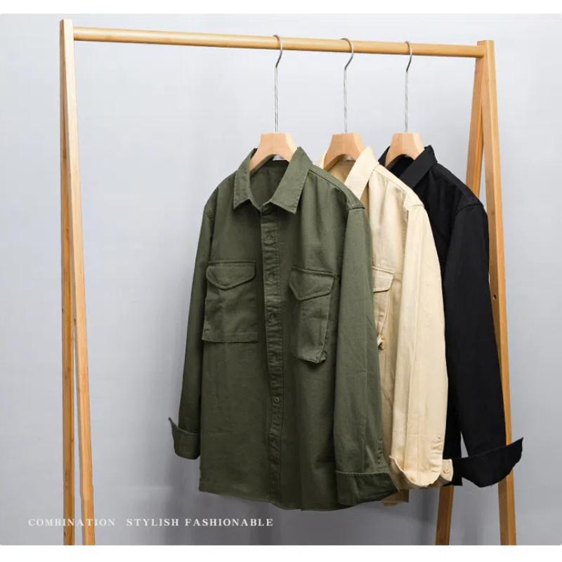 Весенне-летняя рубашка с длинным рукавом для мужчин в корейском стиле, рабочая одежда, мужская верхняя одежда в уличном стиле, приталенная рубашка с двумя карманами, зеленая хлопковая рубашка
