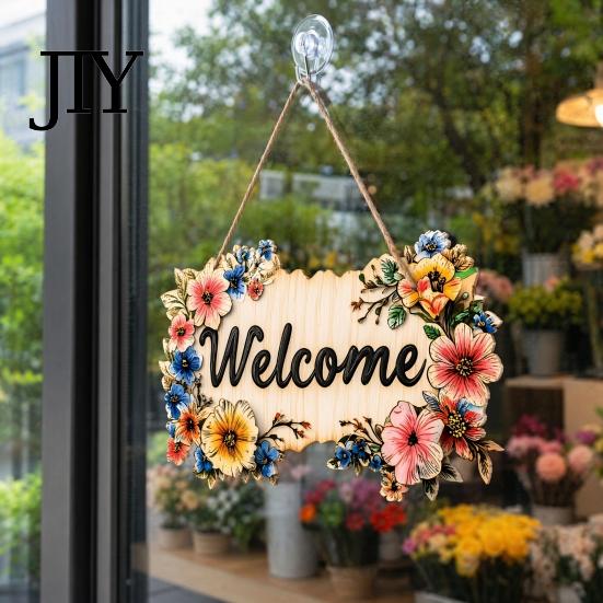 Rustic Wooden Welcome Sign Floral Sign, Front Door Ornaments, Flower Hanging High-quality Wood for Summer Farmhouse Home Coffee Shop Window Wall Decor