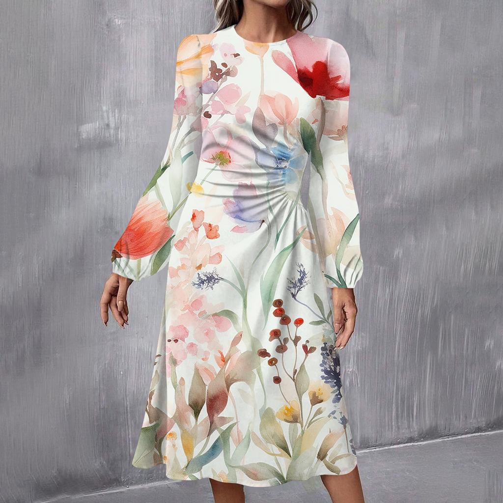 Women's Fashion Casual Print Round Neck Long Sleeve Midi Dress