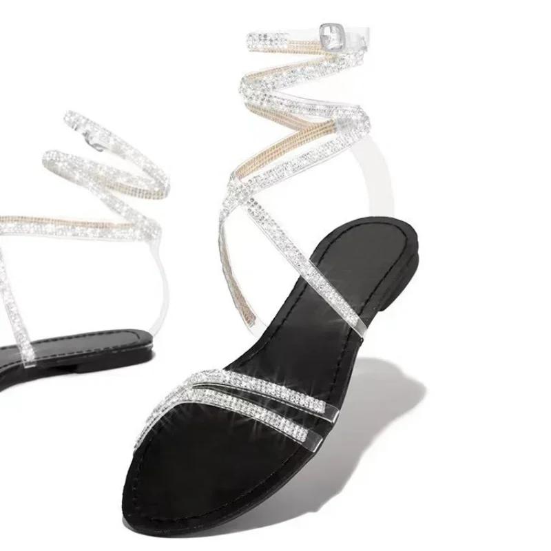 Soleist Summer New Popular Women Shoes Shiny Diamond Flat with Party Solid Black Ladies Sexy Sandals Cross Strap Zapatos De Mujer