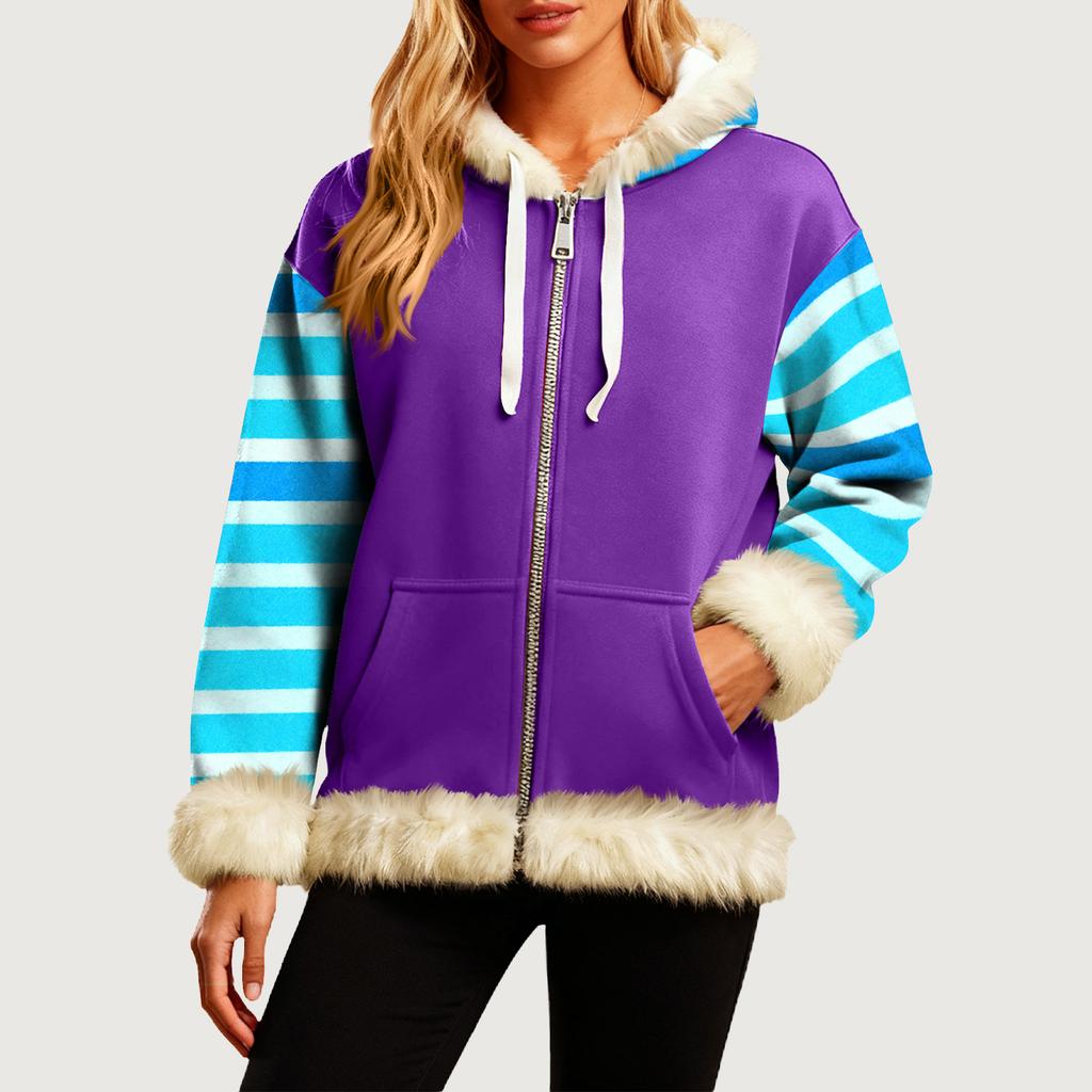 Женская Удобная Свободная Модная Повседневная Толстовка-Куртка с Длинным Рукавом, Карманами и Капюшоном с Полосатым Принтом