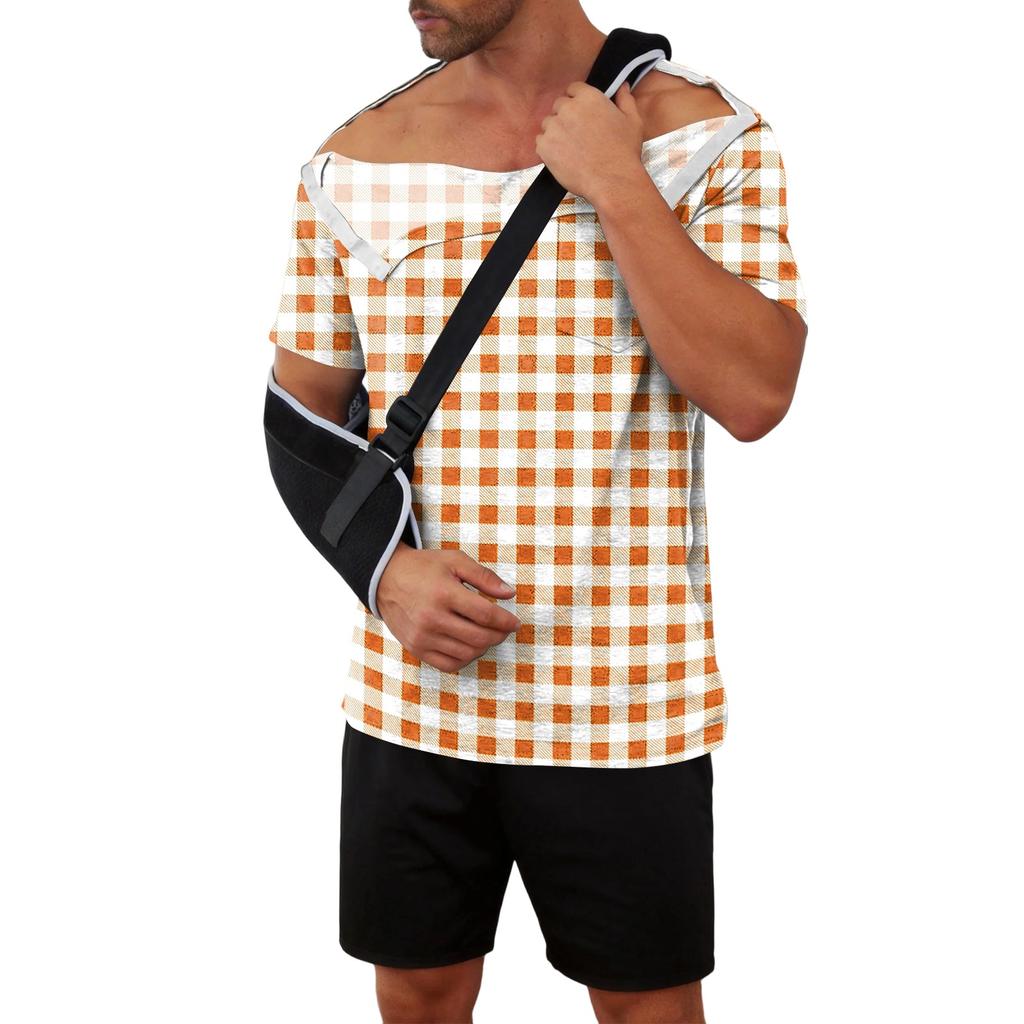 Men Recovery Shirt Full Front Opening Short Sleeve with Side Closures Plaid Print Adaptive Top for Use
