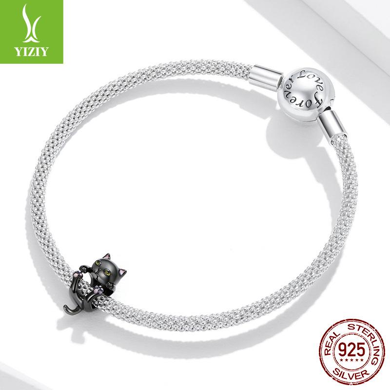 Черный Позолоченный Кот Браслет Сделай Сам Из Бусин, Милый Черный Кот Бусины из Стерлингового Серебра S925 Свободные Бусины