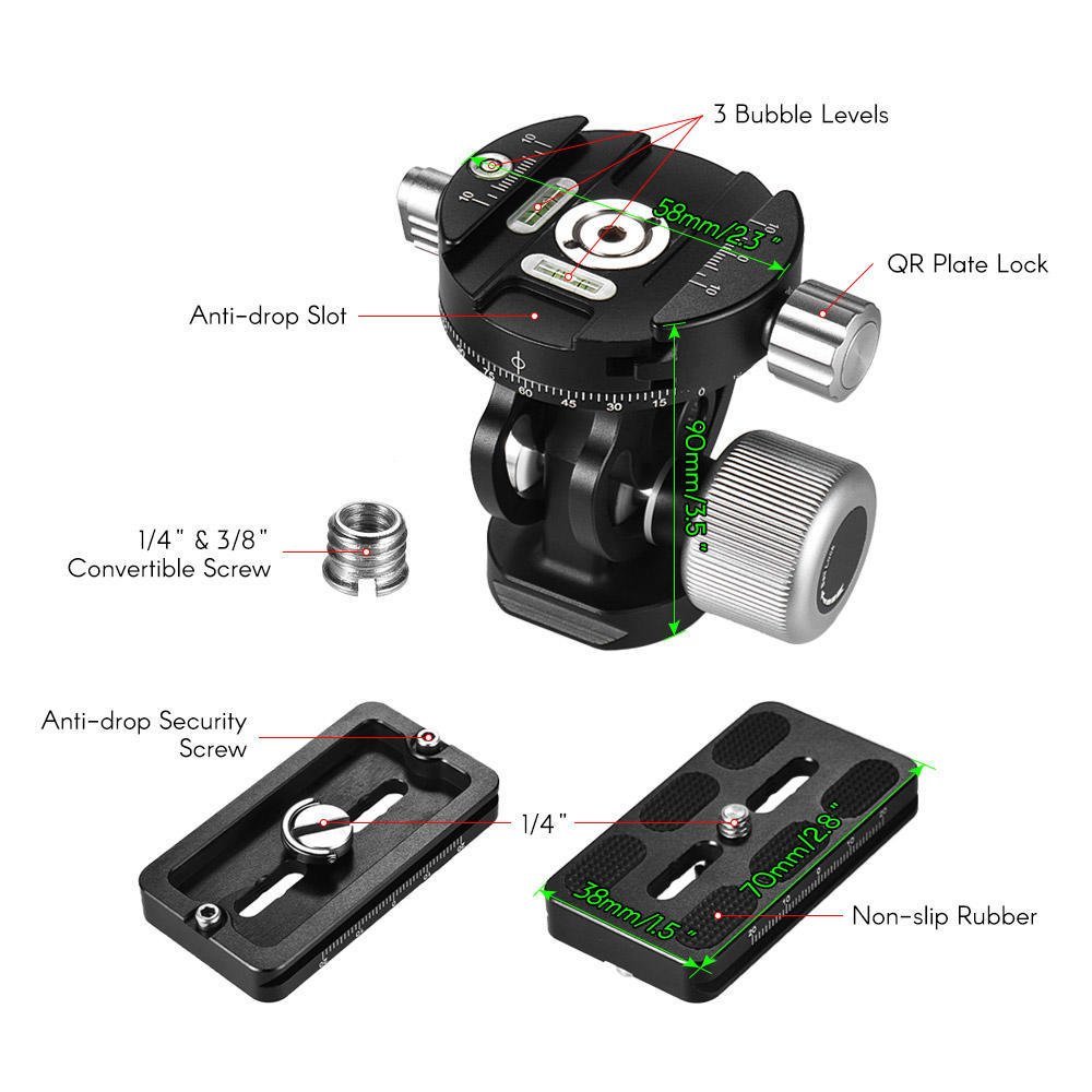 Andoer VH-10 2 Way Pan/Tilt Tripod Head Panoramic Bird Watching Photography Head with Quick Release
