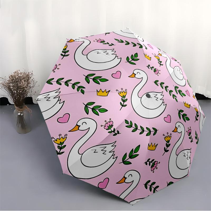 1pc Swan Pattern Automatic Folding Umbrella - Portable Collapsible Design, 8-Rib Iron Frame, Durable Fabricyy251125003