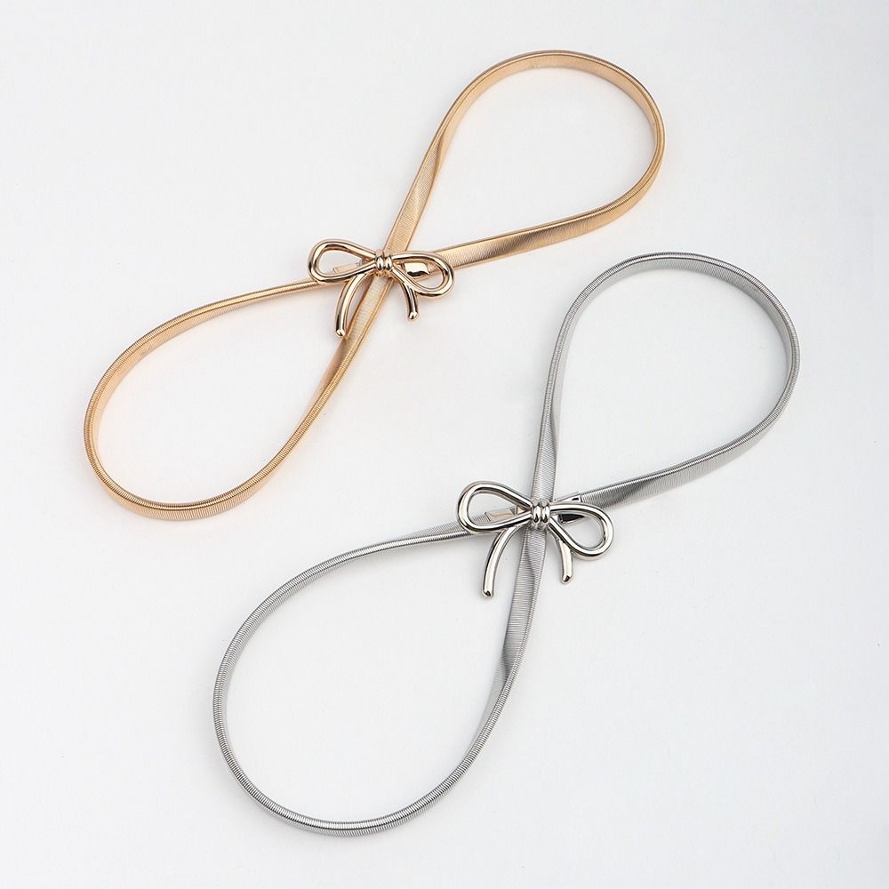 Y2k Thin Belt Silver Metal Waist Chain Sweet Elastic Bow Belt Trouser Decoration