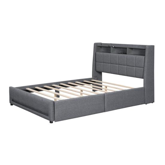 Upholstered Bed, 140 x 200cm, No Mattress, App-Controlled LED Light, Bed with Drawers Featuring Power Outlets and USB Ports, Built-In Storage