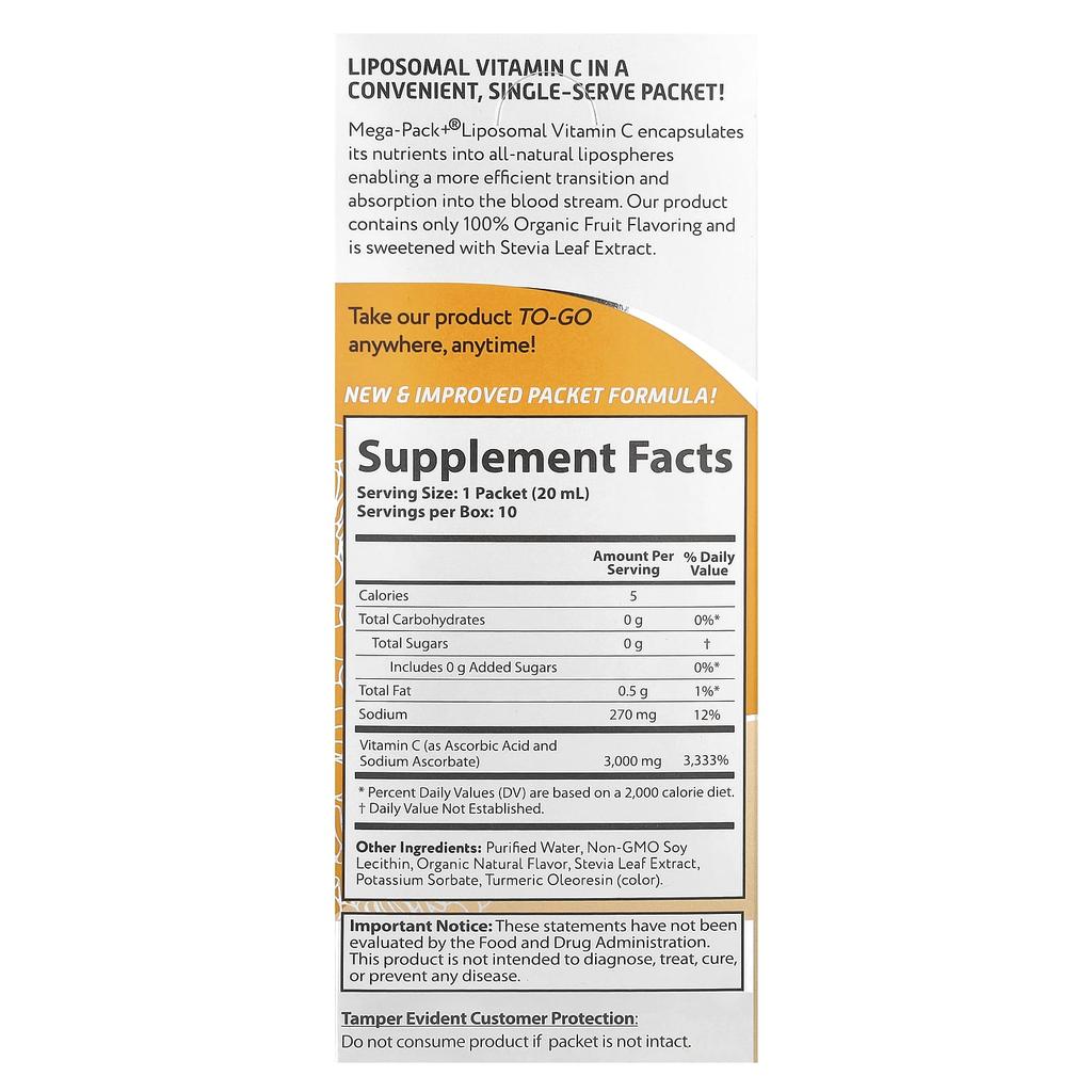 Mega-Pack+®, Liposomal Vitamin C, 10 Packets, 20 mL (0.68 Fl Oz) Each