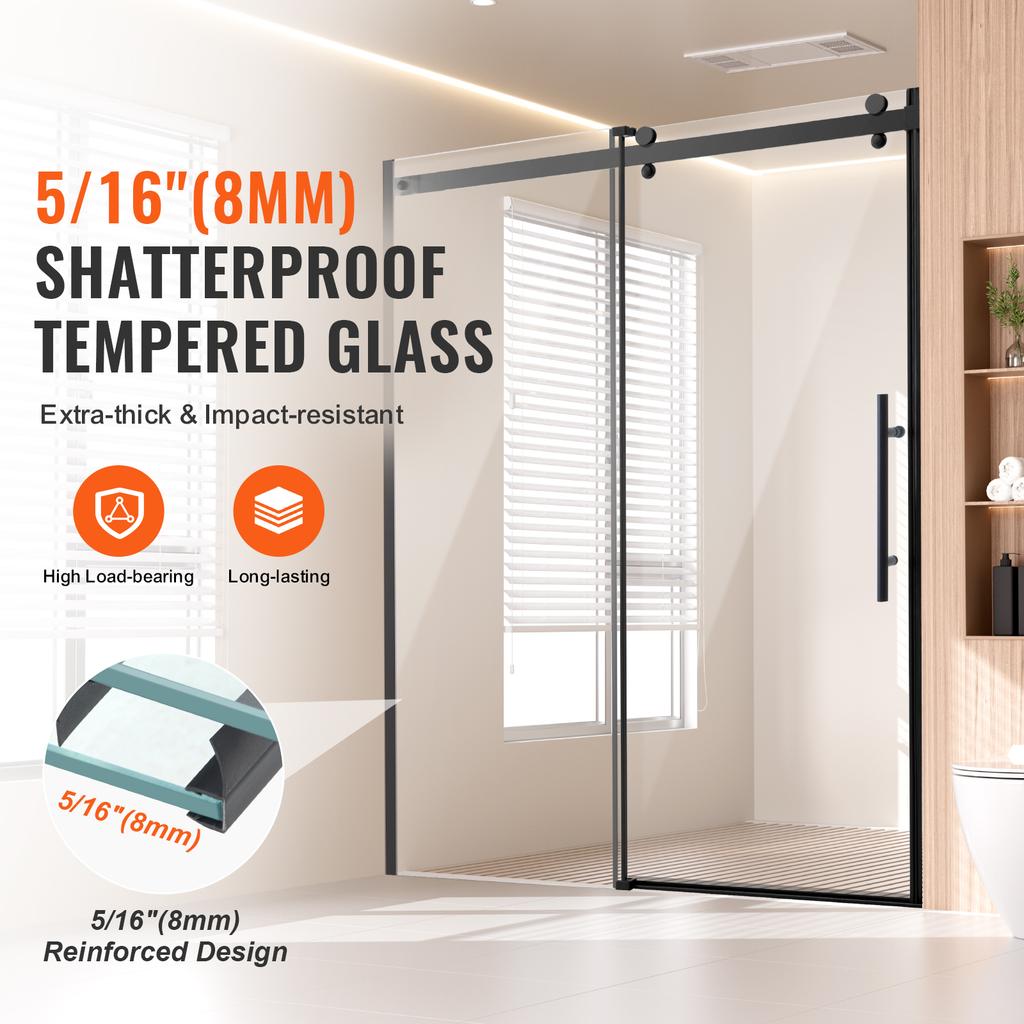 SucceBuy Безрамная душевая дверь 58-59Шx75В 5/16"SGCC Водонепроницаемая ударопрочная пятноустойчивая с фурнитурой из нержавеющей стали Матовый черный