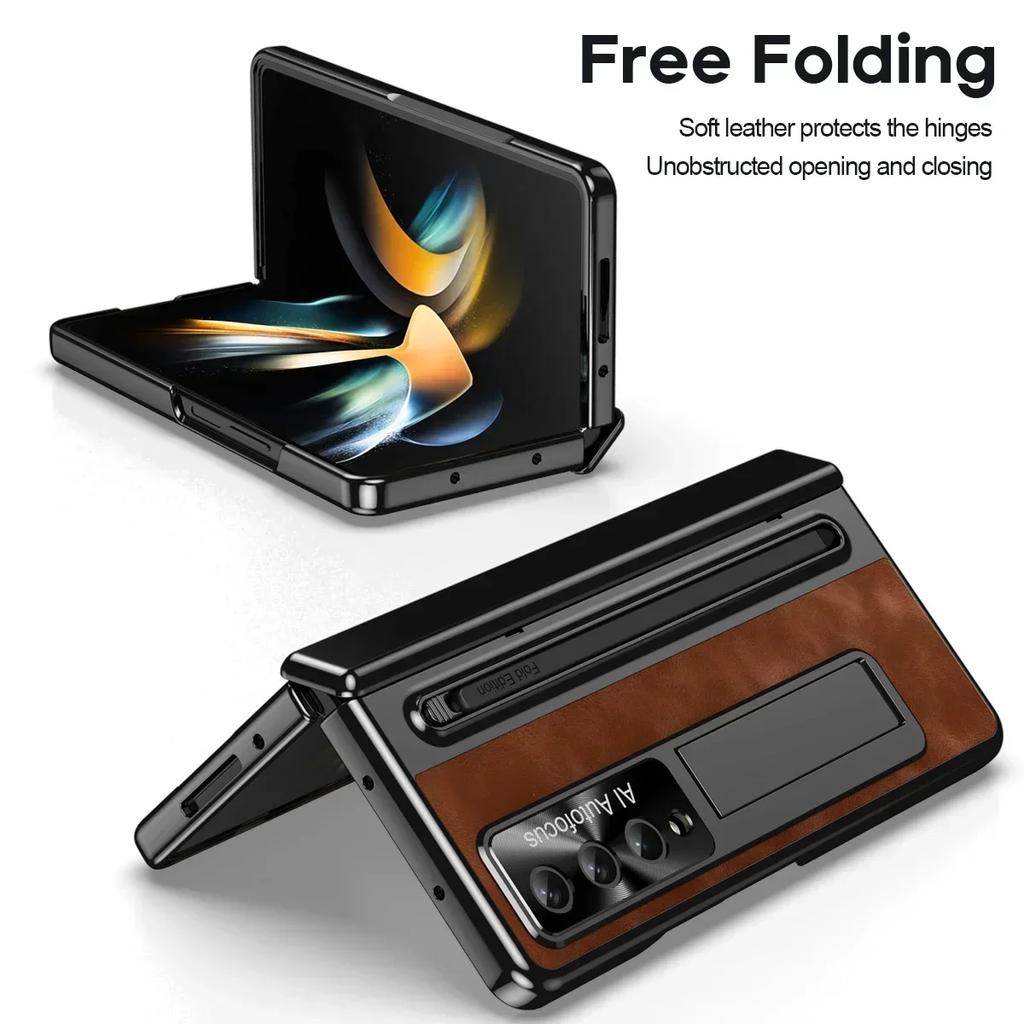Luxury Leather Bracket Pen Slot with Stylus Case for Samsung Galaxy Z Fold 6 5 4 Retro Style Count Hinge Seismic Protect Cover