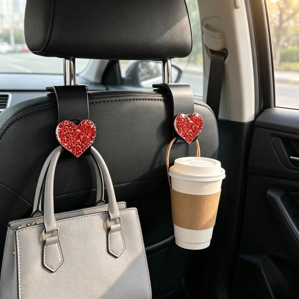 2Pcs Sparkly Car Headrest Hooks Heart-Shaped Purse Holder Cute Seat Back Organizer Hat Hanging