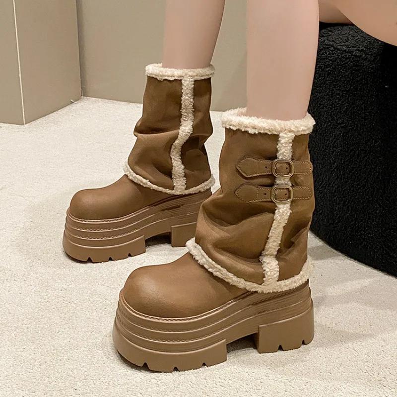 Fur Super High Heels Women High Boots Brand Platform Plush Warm Leather Shoes Winter 2025 Trend Goth Chelsea Fashion Botas Mujer