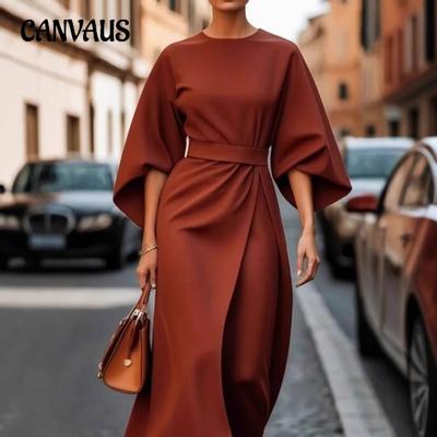 Женское Модное Элегантное и Изысканное Однотонное Платье с Завязкой на Талии Повседневное Платье с Длинным Рукавом Летучая мышь