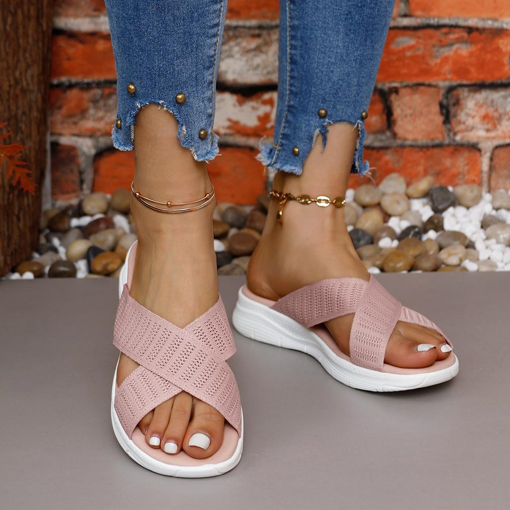Летние сандалии на плоской подошве, танкетке, с открытым носком, на толстой подошве, с перекрестным плетением, женские шлепанцы