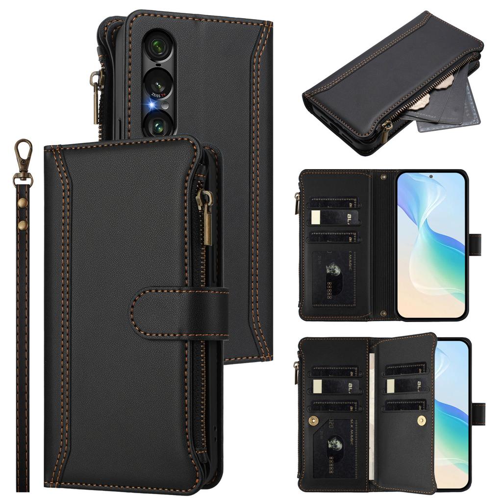 Кожаный чехол для Sony Xperia 1 VII с 9 отделениями для карт, кошельком на молнии, подставкой, чехлом для телефона и ремешком на запястье