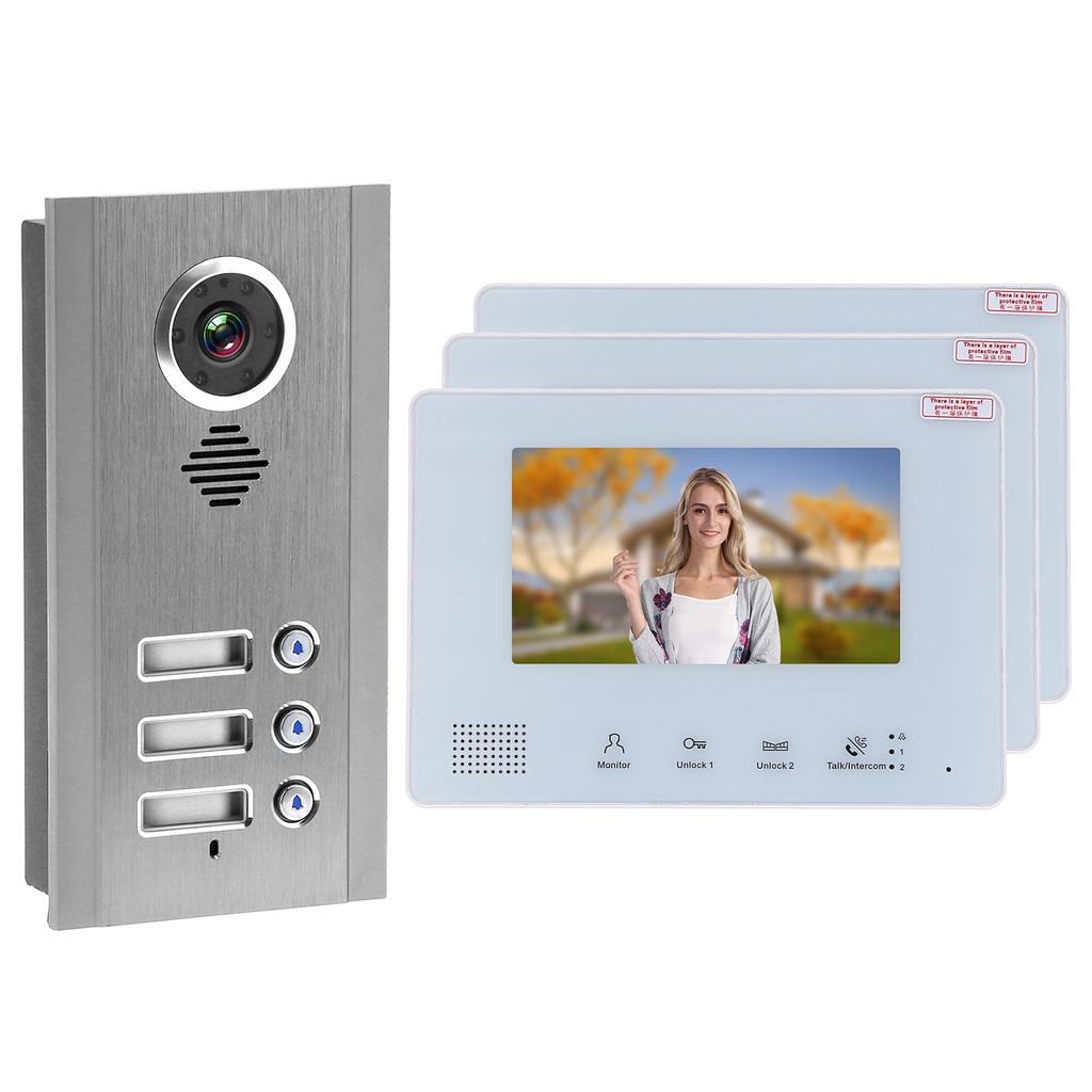 Visual Intercom Doorbell 7in TFT LCD 2 Wire Night Vision Security Door Phone 1 Camera 3 Displays