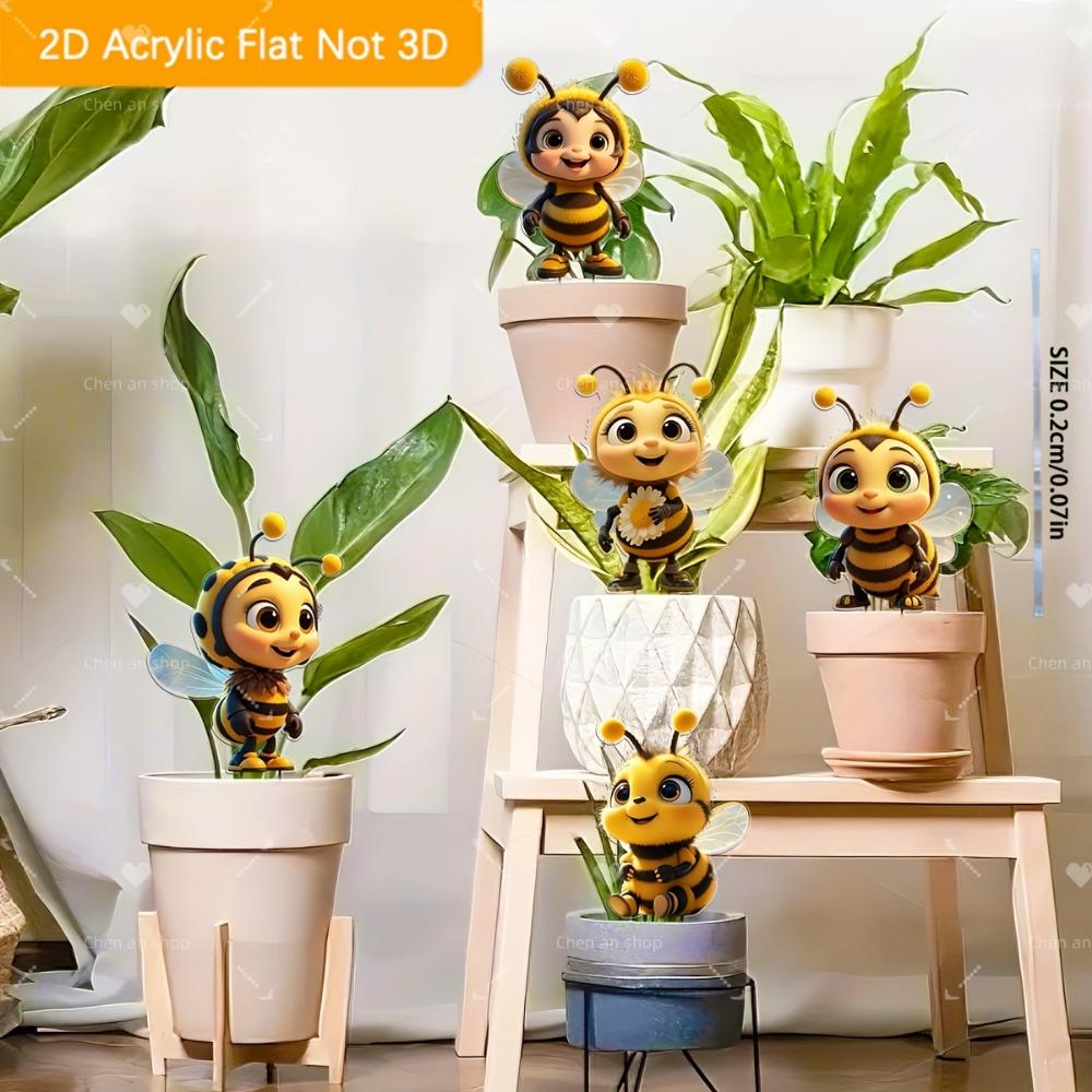 2D Flat 5-piece Set Cute Bee Friend Acrylic Garden Decoration for Patios, Lawns and Potted Plants - Ideal Holiday Gift