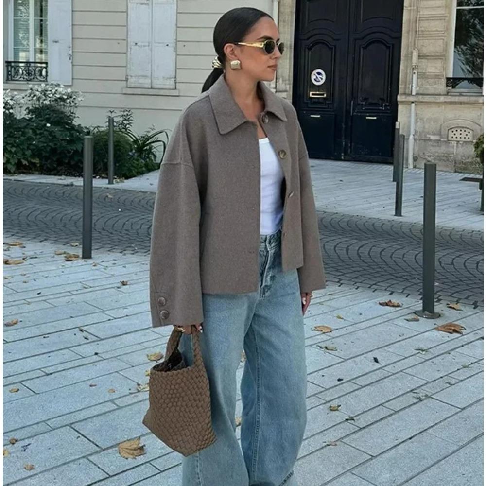 Casual Solid Single Breasted Wool Jacket Women Chic Lapel Long Sleeve Pleated Pocket Loose Coats Autumn High Street Overcoat