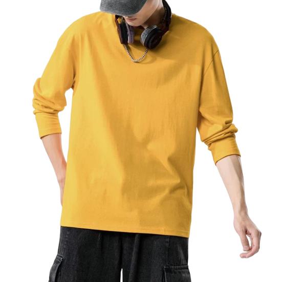 Мужская рубашка с круглым вырезом и длинным рукавом, мягкая дышащая футболка, однотонная, свободный крой, весна-лето, повседневные топы