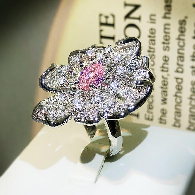 Pink Diamond Flower Ring Women's Open Ins Simple Temperament Full Diamond Micro Inset AAA Zircon Niche Design Style