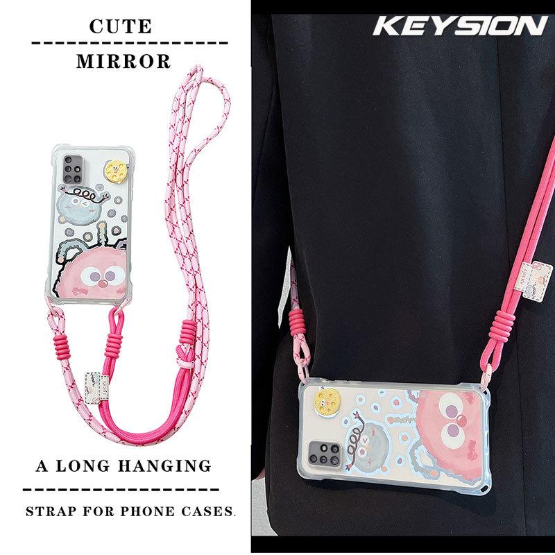 KEYSION Crossbody Strap Phone Case for Samsung A51 4G Cute Cartoon Long Lanyard Mirror Shockproof Cover for Galaxy A51