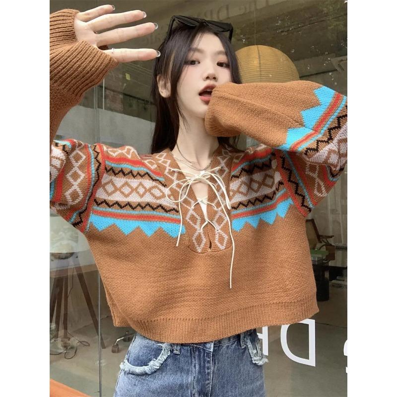 Винтажные свитера женские на шнуровке элегантные уютные с V-образным вырезом модные женские пуловеры в стиле BF трикотаж Ulzzang классический уличный стиль осень
