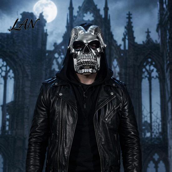Halloween Skull Mask Mask, Silver Demon Ram Horn Face Realistic Horned for Party, Scary Headgear, Glossy Metallic Cosplay Prop Reflective
