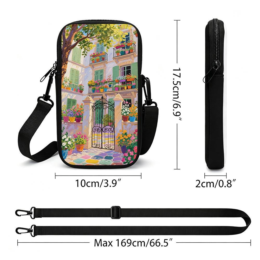 2D-Mediterranean Colorful Courtyard Entrance Wrought Iron Gate Pastel Building Impressionist Painting Pattern Crossbody Phone Bag