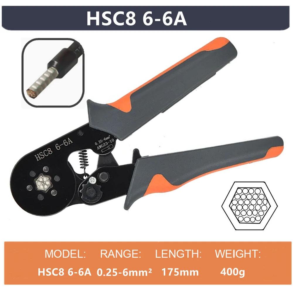 Инструмент для обжима наконечников HSC8 6-6A AWG 0.25-6mm² 23-10 Саморегулирующийся шестигранный храповой механизм Электрические обжимные клещи Ручной инструмент