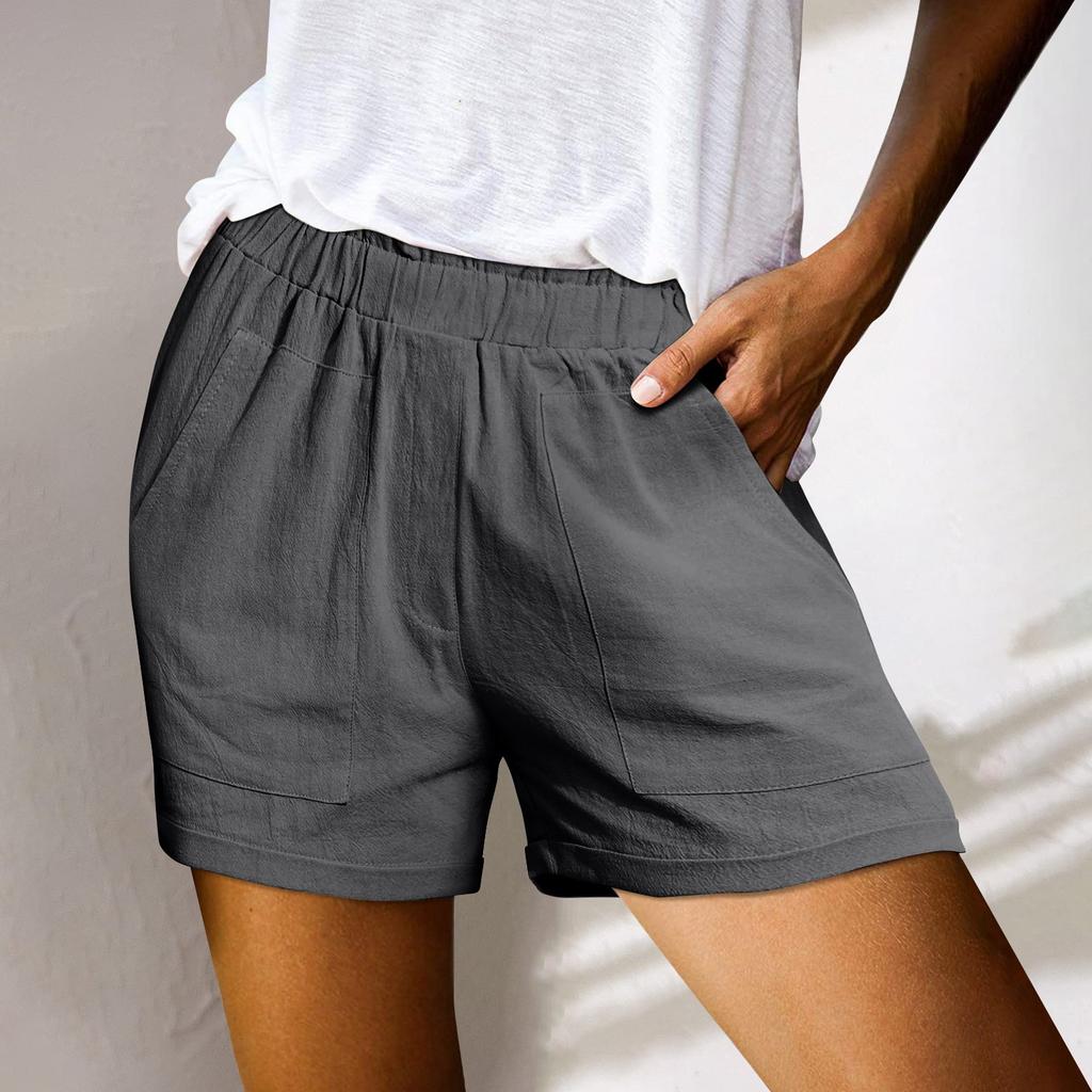 Женские льняные шорты, повседневные широкие брюки, летние рабочие плиссированные шорты с эластичной резинкой на талии, пляжные шорты с карманами