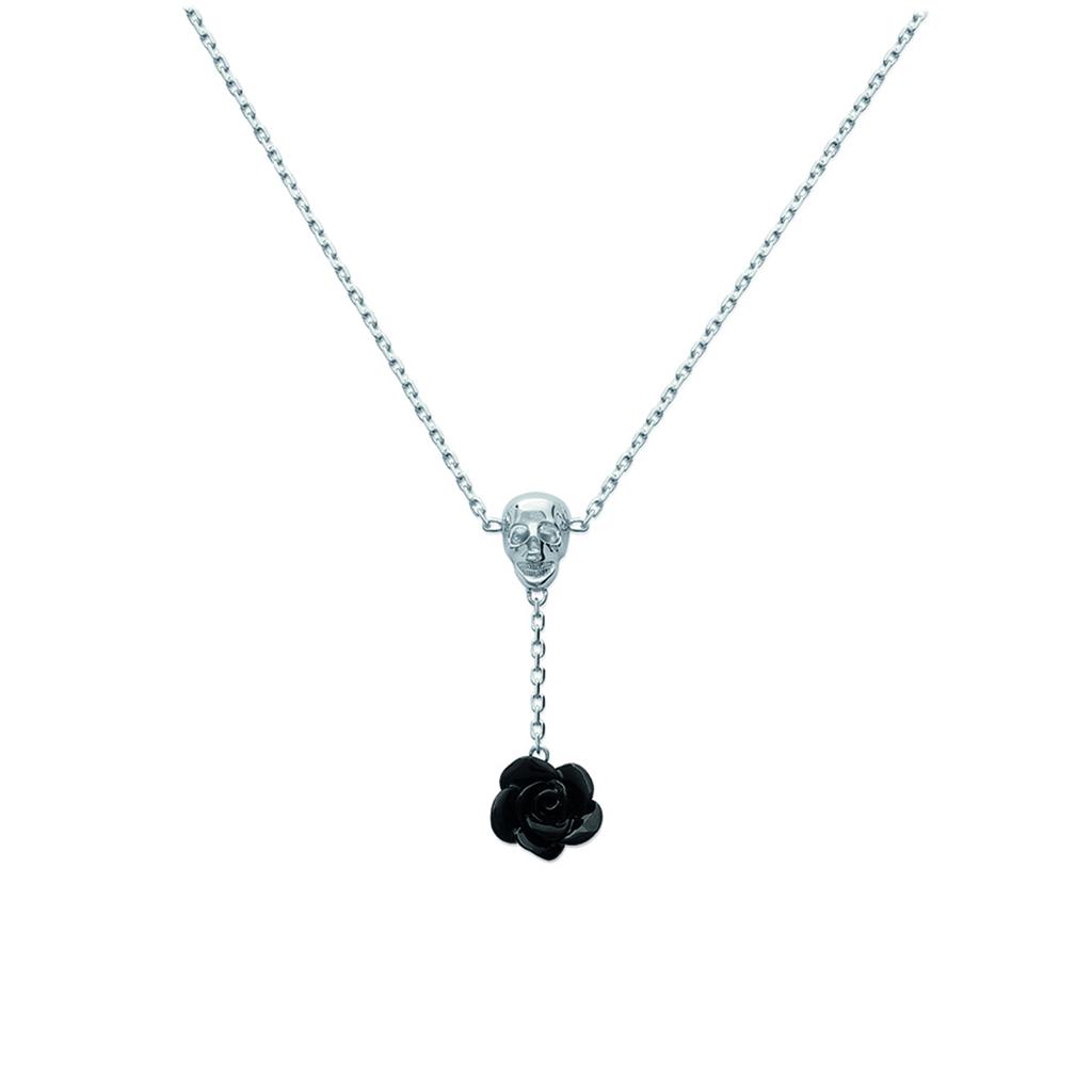 Les Trésors De Lily [J0048] - Silver Necklace 'Skull' Black Flower (rhodium-plated) - 35x11 Mm