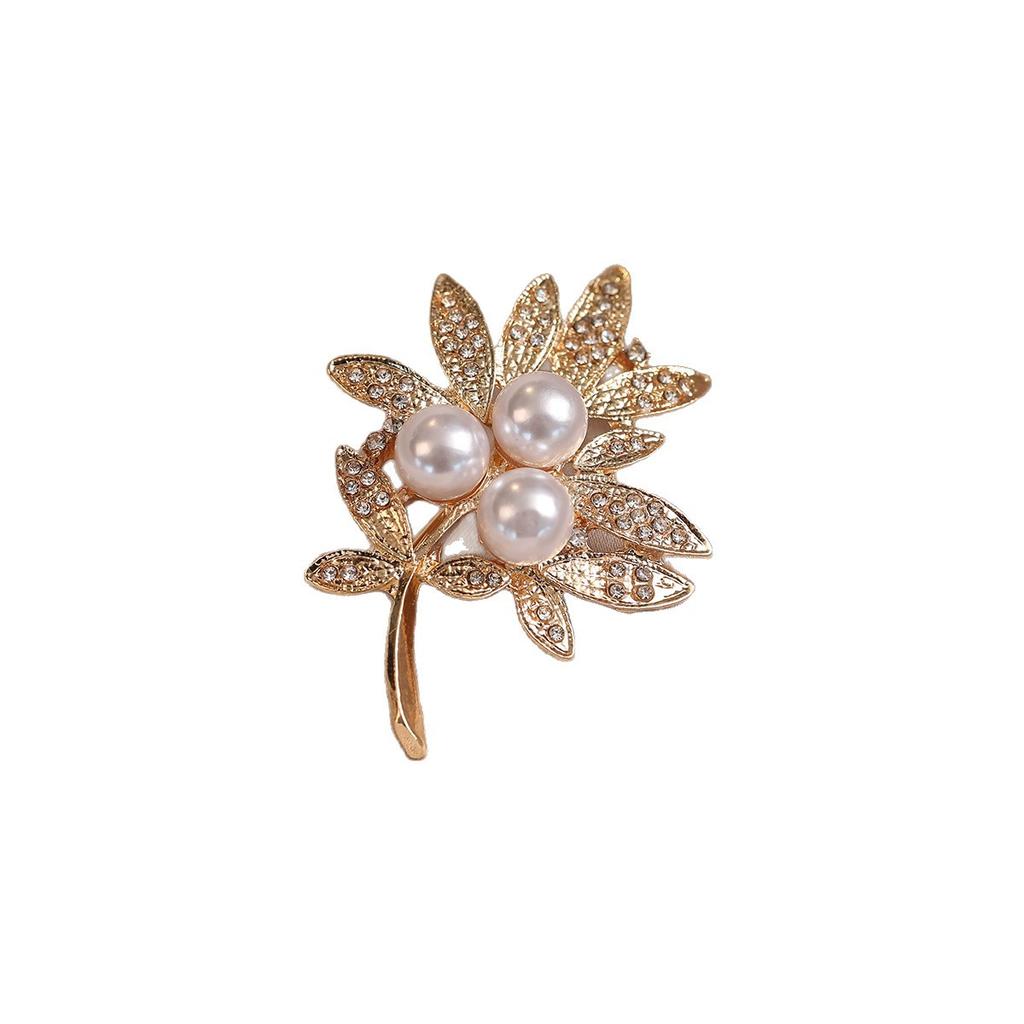 Pearl Leaf Rhinestone Brooch High-end Light Luxury Coat Pin Sweater Accessory Brooch