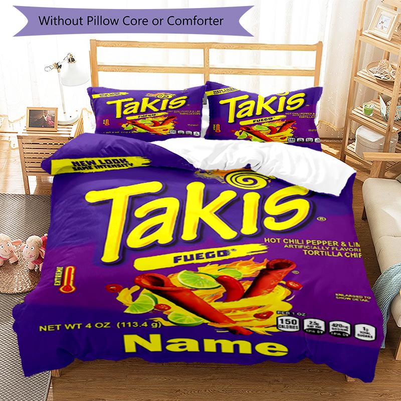 3pcs Custom Name Takis Fuego Bedding Set Duvet Cover Closure Includes 1 Duvet Cover & 2 Pillowcases, Soft and Comfortable for All Seasons.