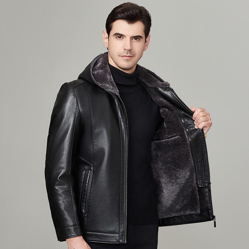 Мужское пальто из натуральной кожи осенне-зимнее с капюшоном, утолщенное бархатное теплое пальто, кожаная куртка для мужчин