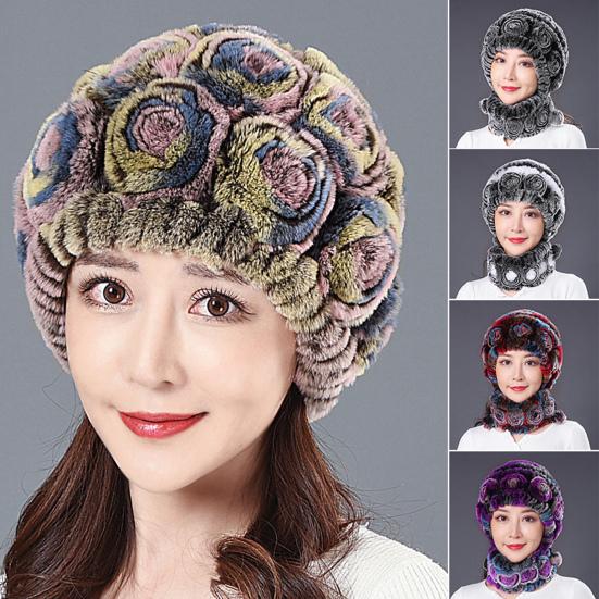 Women Winter Hat with Integrated Scarf Thick Warm Faux Rex Rabbit Fur Flower