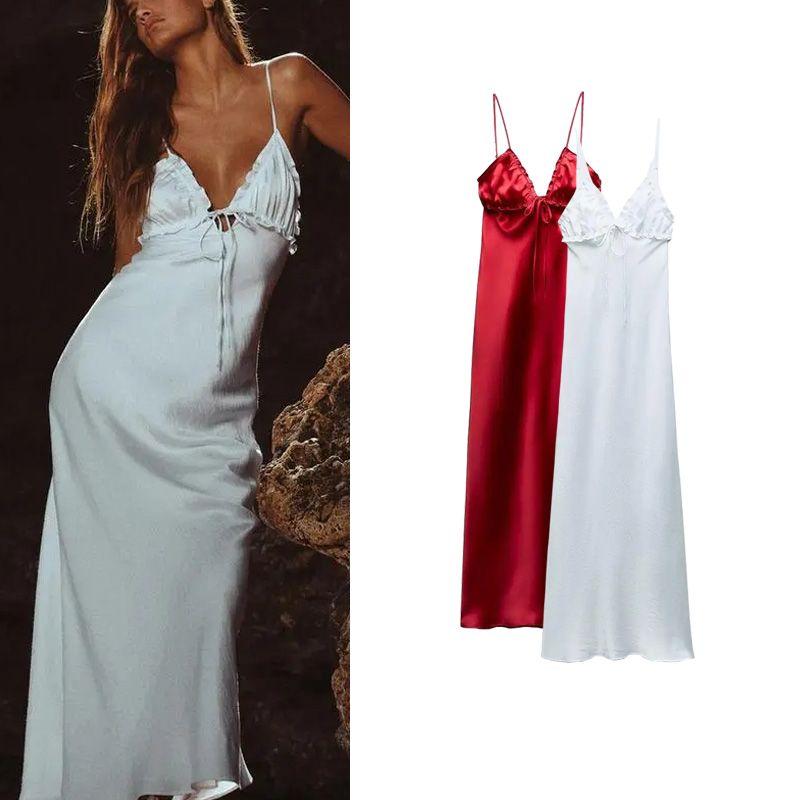 Весна Новый Модный Стиль Сексуальный Топ на Бретелях V-образный вырез Ламинированная Отделка Текстура Шелкового Сатина Платье 2341371