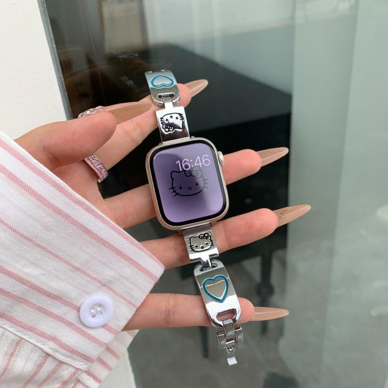 Тонкий металлический ремешок с граффити Hello Kitty 'Love' для Apple Watch 8 - Женский iWatch976