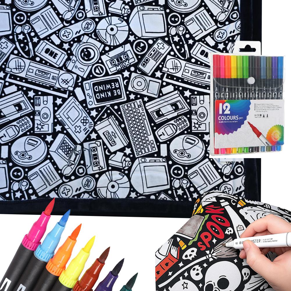 Раскрашиваемое DIY washable одеяло с 12 цветными маркерами, творческое искусство, индивидуально окрашенная ткань с цветами, одеяла для взрослых, для релаксации