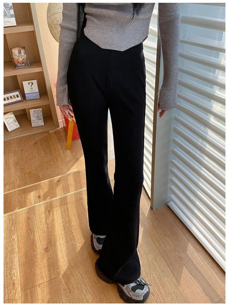 Женские брюки клеш на флисовой подкладке - С высокой посадкой, Облегающие, Трикотажные Повседневные для осени и зимы 2024