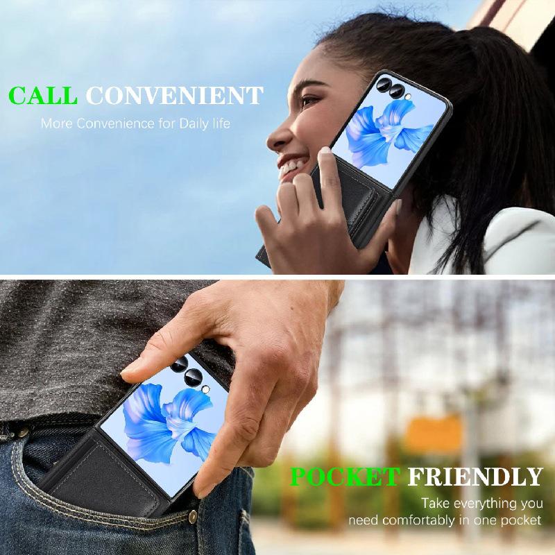 Samsung Z Flip7 Wireless Charging Phone Case with Magnetic Tri-fold Card Holder, Leather Sticker, Velvet Inner, 6-Level Protection.