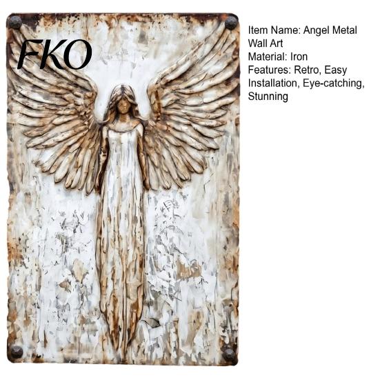 Angel Sculpture for Garden Rustic Guardian Metal Wall Art, Vintage Distressed Wings Hanging Scratch-resistant Outdoor Decor Plaque Farmhouse,