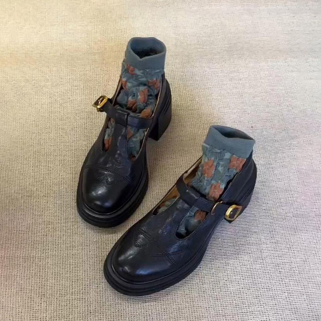 Platform Thick Heel British Style Retro Small Leather Shoes Women's Loafers Round Head Single Shoes Mary Jane Shoes