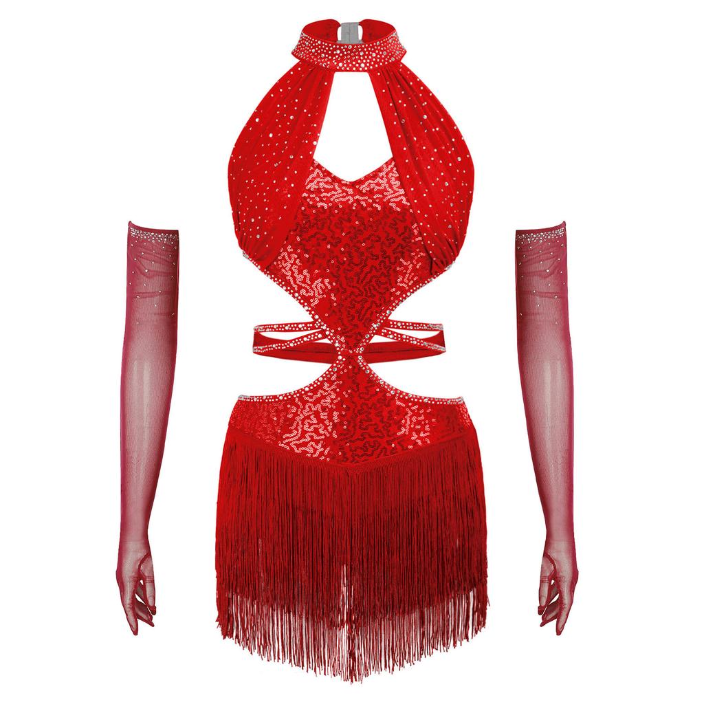 Women Latin Dance Fringed Dress Cutout Sleeveless Strappy Waist Tassel Hem Sequined Dress with Long Gloves