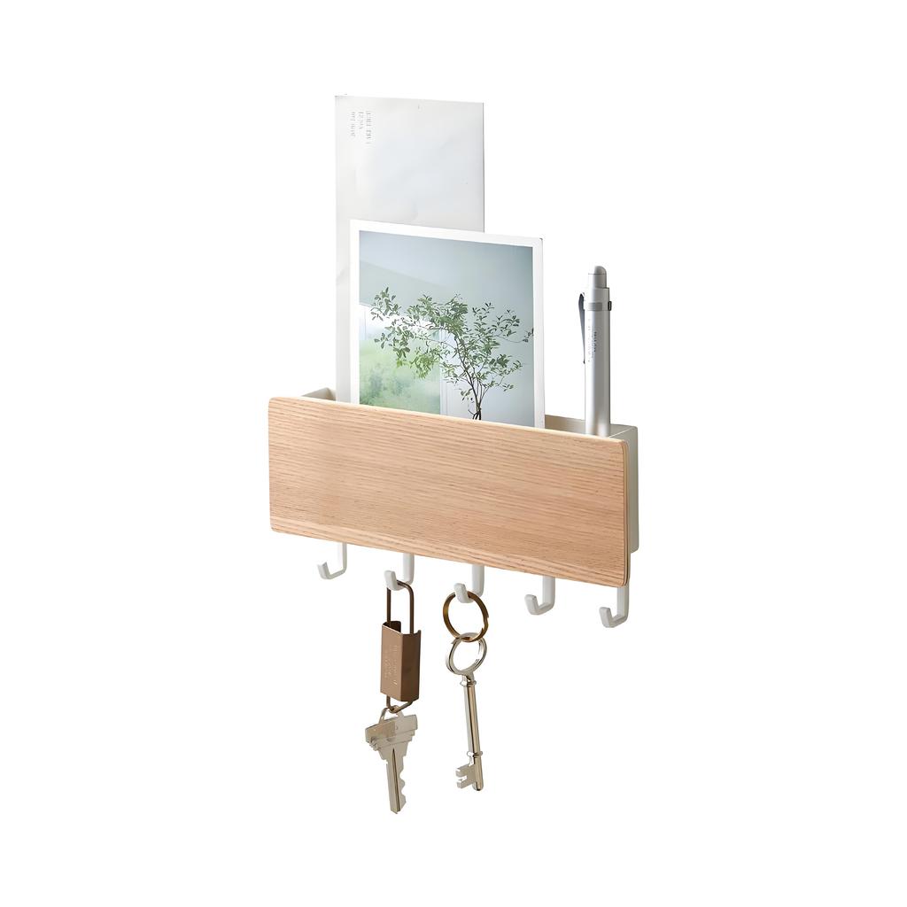 Rustic Wall Mount Key Holder Organizer | Wooden Shelf with Hooks for Entryway Storage | Farmhouse Decor Mail & Sundries Rack