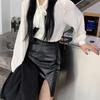 Черные юбки из искусственной кожи, женские сексуальные тонкие юбки трапециевидной формы с высокой талией, весенне-летние корейские модные женские низы, деловая одежда
